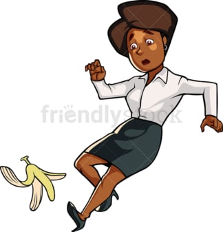 黑人妇女踩到香蕉皮滑倒了。PNG - JPG和矢量EPS文件格式(无限扩展)。在透明背景上隔离图像。