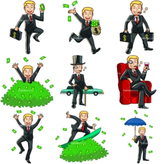9个有钱男人的金钱卡通形象。PNG - JPG和矢量EPS文件格式(无限可扩展)。图像隔离在透明背景上。