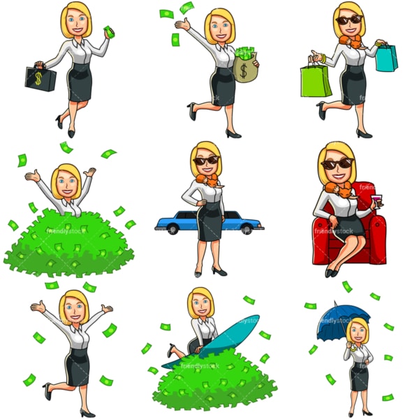9个有钱女人的卡通形象。PNG - JPG和矢量EPS文件格式(无限扩展)。图像隔离在透明背景上。