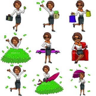 9个有钱的黑人妇女的金钱剪贴画。PNG - JPG和矢量EPS文件格式(无限扩展)。图像隔离在透明背景上。