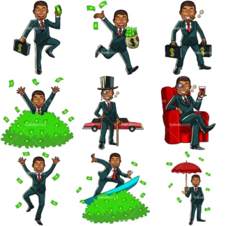 9 Geldvektorbilder eines reichen schwarzen Mannes。PNG - JPG和Vektor-EPS-Dateiformate (unendlich skalierbar)。Bilder auf transparentem Hintergrund isoliert。