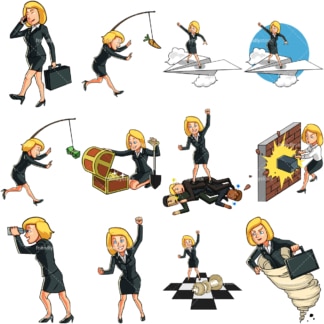 9 vectorafbeeldingen van een vrouwelijke professional in zakelijke pose。PNG - JPG矢量EPS-bestandsindelingen (oneindig schaalbaar)。Afbeeldingen geïsoleerd op transparenante achtergrond。