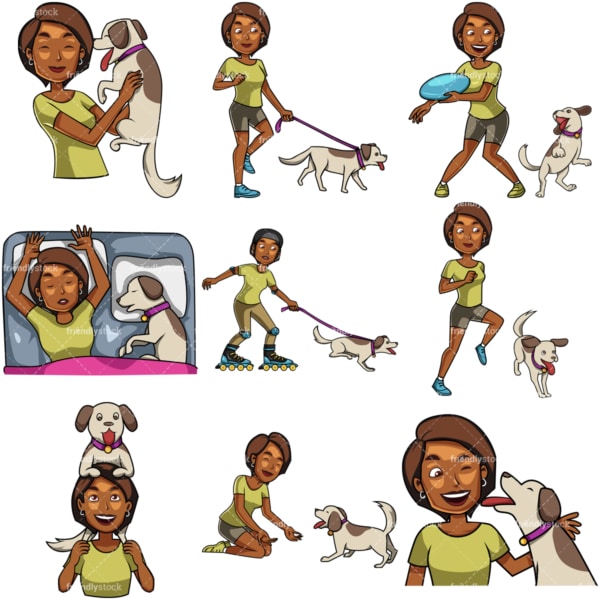 非裔美国妇女和狗在一起。PNG - JPG和矢量EPS文件格式(无限扩展)。图像隔离在透明背景上。