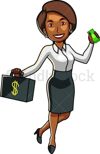 黑人女性拿着一叠现金。PNG - JPG和矢量EPS文件格式(无限可扩展)。图像隔离在透明背景上。