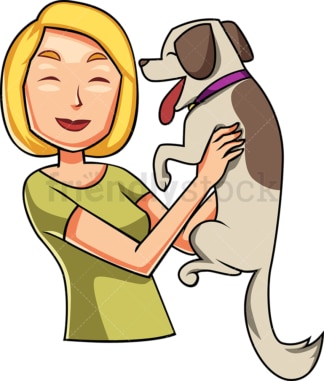 一名妇女向她快乐的狗打招呼。PNG - JPG和矢量EPS文件格式(无限可扩展)。图像隔离在透明背景上。