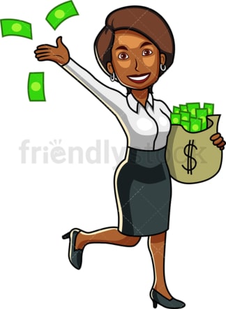 黑人妇女拿着一袋现金。PNG - JPG和矢量EPS文件格式(无限扩展)。图像隔离在透明背景上。