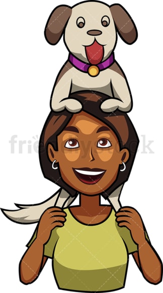 黑人妇女把狗放在肩膀上。PNG - JPG和矢量EPS文件格式(无限扩展)。图像隔离在透明背景上。
