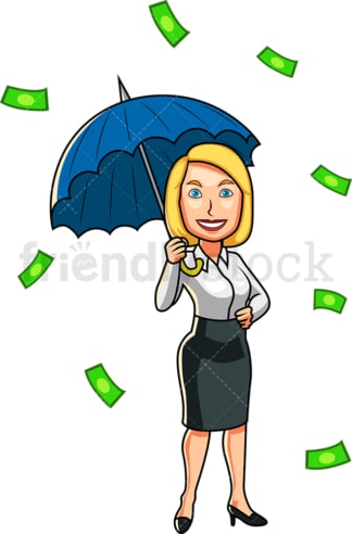 钱如雨点般落下，女人打着伞。PNG - JPG和矢量EPS文件格式(无限扩展)。图像隔离在透明背景上。