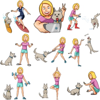 10个矢量图像，一个女人和她的狗玩得很开心。PNG - JPG和矢量EPS文件格式(无限扩展)。在透明背景上隔离的图像。