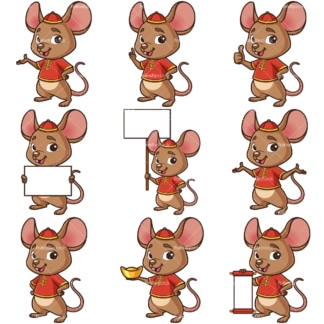 中国新年的老鼠卡通人物。PNG - JPG和无限可伸缩的矢量EPS -白色或透明的背景。