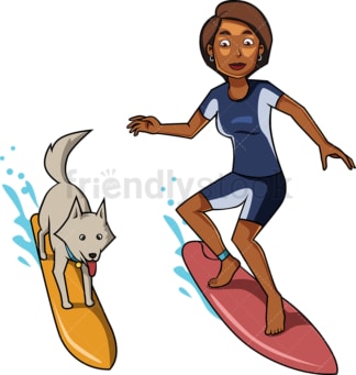 黑人妇女和狗在海浪上冲浪。PNG - JPG和矢量EPS文件格式(无限可扩展)。图像隔离在透明背景上。