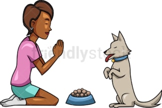 黑人妇女和她的狗一起祈祷。PNG - JPG和矢量EPS文件格式(无限可扩展)。图像隔离在透明背景上。