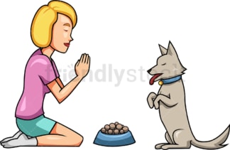 晚餐前，女人和狗一起祈祷。PNG - JPG和矢量EPS文件格式(无限可扩展)。图像隔离在透明背景上。