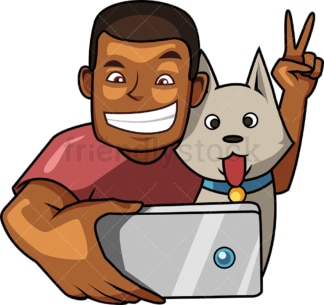 快乐的黑人男子与狗自拍。PNG - JPG和矢量EPS文件格式(无限可扩展)。图像隔离在透明背景上。
