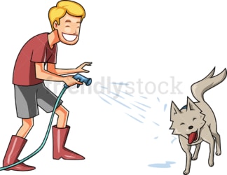 一名男子用水管喷他的狗。PNG - JPG和矢量EPS文件格式(无限可扩展)。图像隔离在透明背景上。