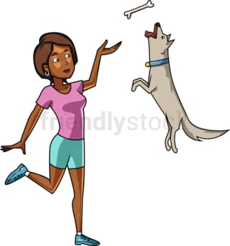 黑人妇女训练她的狗。PNG - JPG和矢量EPS文件格式(无限可扩展)。图像隔离在透明背景上。