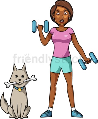 黑人女人在狗旁边锻炼。PNG - JPG和矢量EPS文件格式(无限可扩展)。图像隔离在透明背景上。