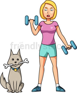 女人在她的狗旁边锻炼。PNG - JPG和矢量EPS文件格式(无限扩展)。图像隔离在透明背景上。