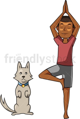 黑人和小狗一起做瑜伽。PNG - JPG和矢量EPS文件格式(无限可扩展)。图像隔离在透明背景上。