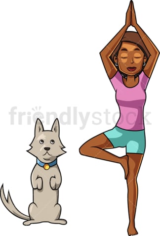 黑人妇女和她的狗做瑜伽。PNG - JPG和矢量EPS文件格式(无限可扩展)。图像隔离在透明背景上。