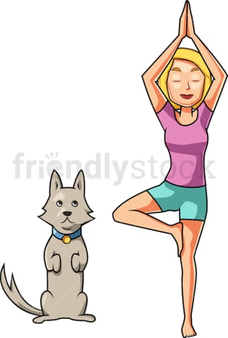 女人和她的狗在做瑜伽。PNG - JPG和矢量EPS文件格式(无限扩展)。图像隔离在透明背景上。