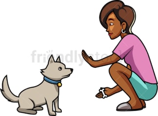 黑人妇女训练她的狗坐。PNG - JPG和矢量EPS文件格式(无限可扩展)。图像隔离在透明背景上。