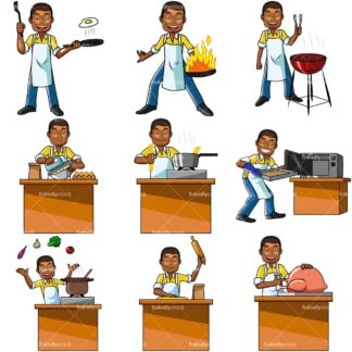 卡通黑人男性做饭。PNG - JPG和向量EPS文件格式(可伸缩)。孤立的透明背景图像。