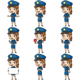 可爱的女警察。PNG - JPG和无限可扩展矢量EPS -白色或透明背景。