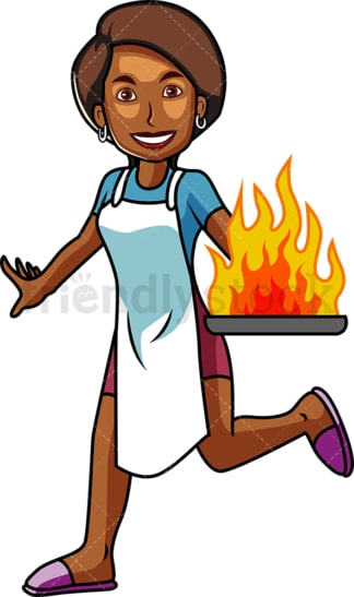 黑人妇女拿着燃烧的煎锅。PNG - JPG和矢量EPS文件格式(无限扩展)。图像隔离在透明背景上。