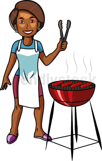 非裔美国妇女在烤热狗。PNG - JPG和矢量EPS文件格式(无限扩展)。图像隔离在透明背景上。