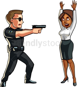 警察用枪指着黑人妇女。PNG - JPG和矢量EPS文件格式(无限可扩展)。图像隔离在透明背景上。