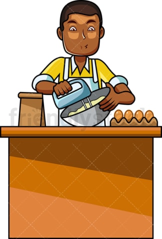 黑人男性厨师使用搅拌机。PNG - JPG和矢量EPS文件格式(无限扩展)。图像隔离在透明背景上。