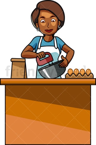 黑人女性使用搅拌机同时烘烤。PNG - JPG和向量EPS文件格式(可伸缩)。图像孤立在透明背景。