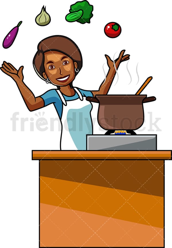 黑人妇女在烹饪蔬菜。PNG - JPG和矢量EPS文件格式(无限扩展)。图像隔离在透明背景上。