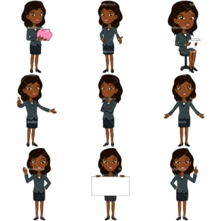9 Vektorbilder einer schwarzen Geschäftsfrau。PNG - JPG和Vektor-EPS-Dateiformate (unendlich skalierbar)。Bilder auf transparentem Hintergrund isoliert。