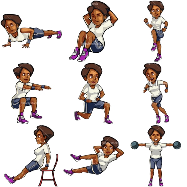 9张黑人女性锻炼时的矢量图。PNG - JPG和矢量EPS文件格式(无限扩展)。图像隔离在透明背景上。