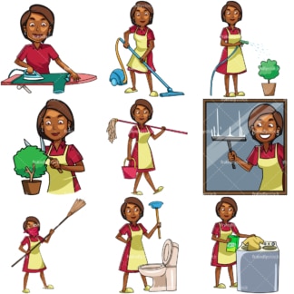 黑人妇女在做家务。PNG - JPG和矢量EPS文件格式(无限扩展)。图像隔离在透明背景上。