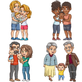 卡通父母和带着孩子的祖父母。PNG - JPG和矢量EPS文件格式(无限可扩展)。