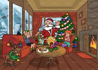 孩子们和圣诞老人在客厅。PNG - JPG和矢量EPS文件格式(无限可扩展)。图像隔离在透明背景上。