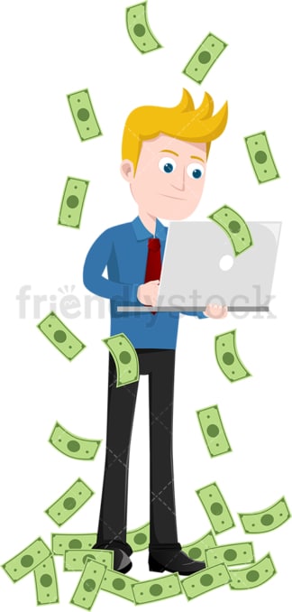 一名男子用笔记本电脑工作，而金钱在他身边如雨般落下。PNG - JPG和矢量EPS文件格式(无限扩展)。图像隔离在透明背景上。