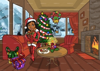性感的黑人女人打扮成圣诞老人在她的客厅。PNG - JPG和矢量EPS文件格式(无限可扩展)。图像隔离在透明背景上。