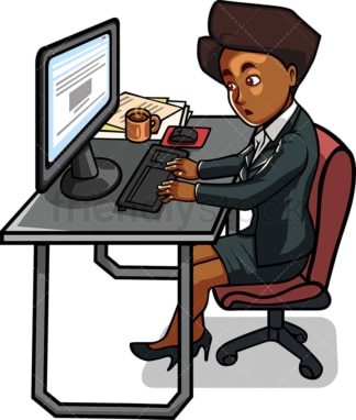 黑人妇女在使用电脑工作。PNG - JPG和矢量EPS文件格式(无限可扩展)。图像隔离在透明背景上。