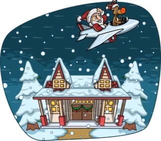 圣诞老人和鲁道夫从房子里飞出来。PNG - JPG和矢量EPS文件格式(无限可扩展)。图像隔离在透明背景上。