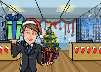 男人在圣诞装饰办公室拿着礼物。PNG - JPG和矢量EPS文件格式(无限扩展)。图像隔离在透明背景上。