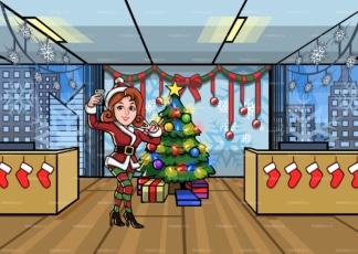 一名女子在办公室的圣诞树旁自拍。PNG - JPG和矢量EPS文件格式(无限可扩展)。图像隔离在透明背景上。