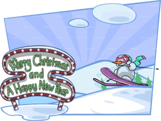 圣诞海报上有雪人滑雪者。PNG - JPG和矢量EPS文件格式(无限扩展)。图像隔离在透明背景上。