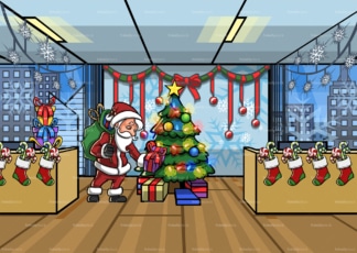 圣诞老人在办公室的圣诞树下留下礼物。PNG - JPG和矢量EPS文件格式(无限扩展)。图像隔离在透明背景上。