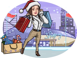 圣诞节时，一名女子站在购物中心外。PNG - JPG和矢量EPS文件格式(无限可扩展)。图像隔离在透明背景上。