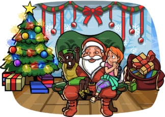 孩子们在圣诞节坐在圣诞老人的腿上。PNG - JPG和矢量EPS文件格式(无限扩展)。在透明背景上隔离图像。