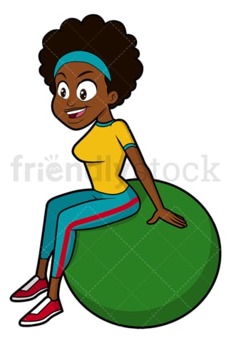 黑人女人拿着健身球做普拉提。PNG - JPG和矢量EPS文件格式(无限扩展)。图像隔离在透明背景上。